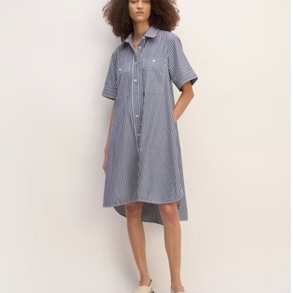 Everlane Cotton Shirt dress blue short sleeve stipe collared button down daytrip